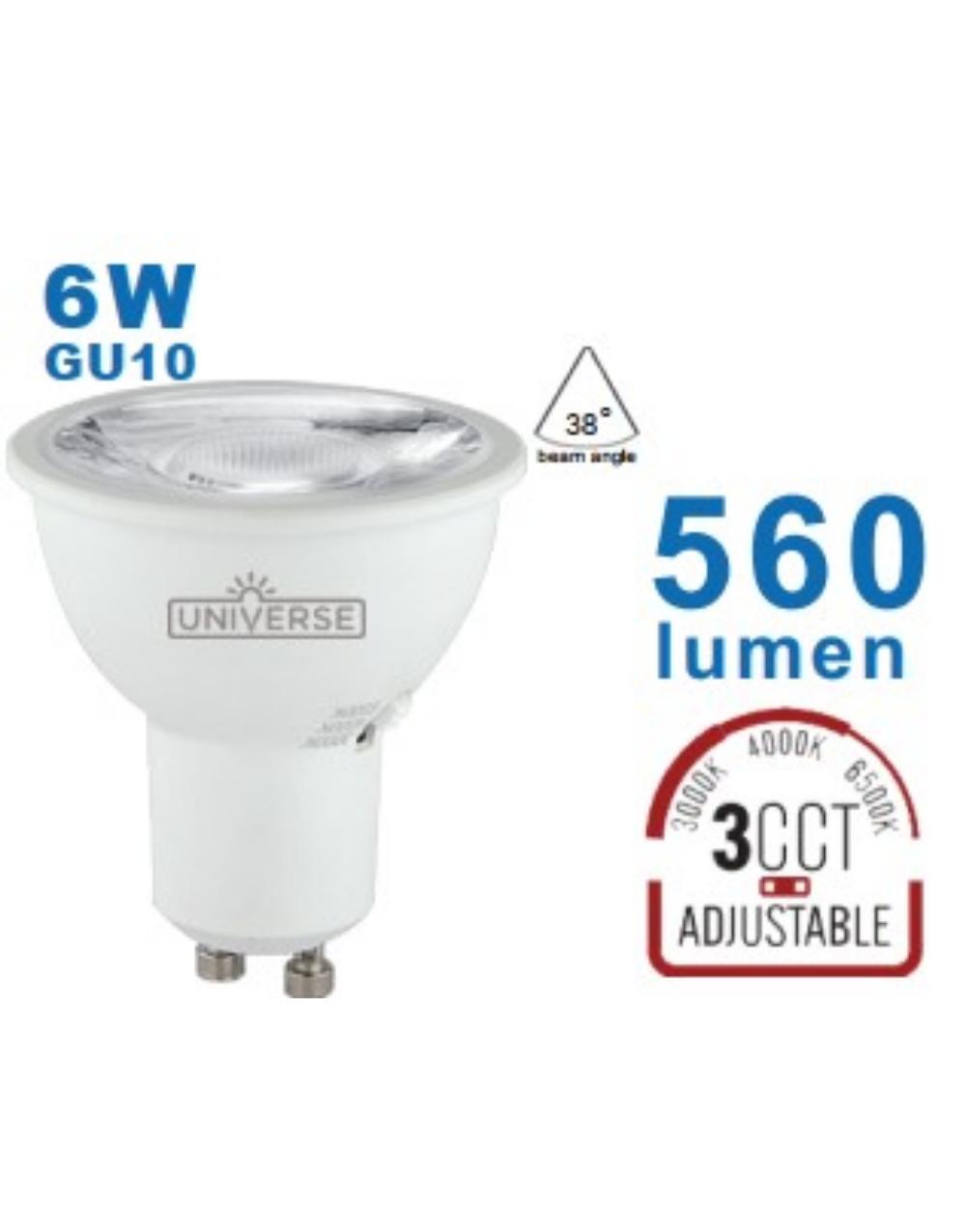 ΛΑΜΠΑ LED SMD MR16 GU10 6W 3CCT 3000K-4000K-6000K 220-240V 38° 600lm UNIVERSE UNIVERSE 2-U016865